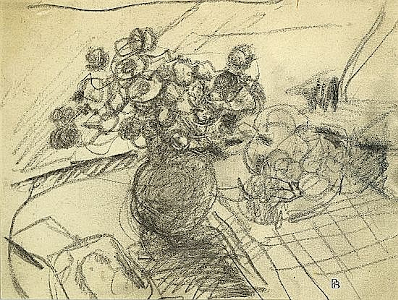 BOUQUET OF FLOWERS IN A VASE AND SKETCH OF A FRUIT BASKET by Pierre Bonnard