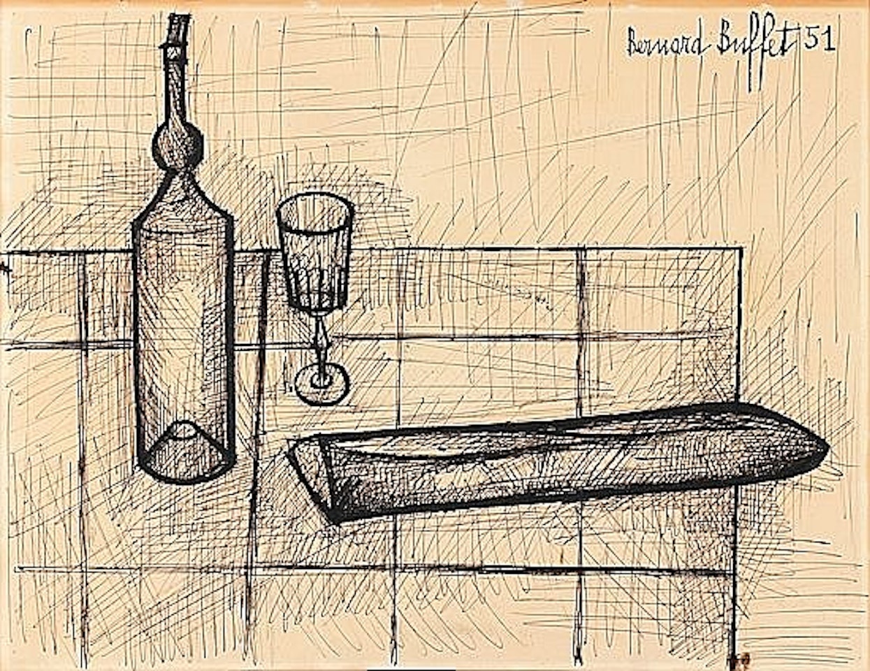 NATURE MORTE A LA BOUTEILLE, AU VERRE ET A LA BAGUETTE DE PAIN by Bernard Buffet