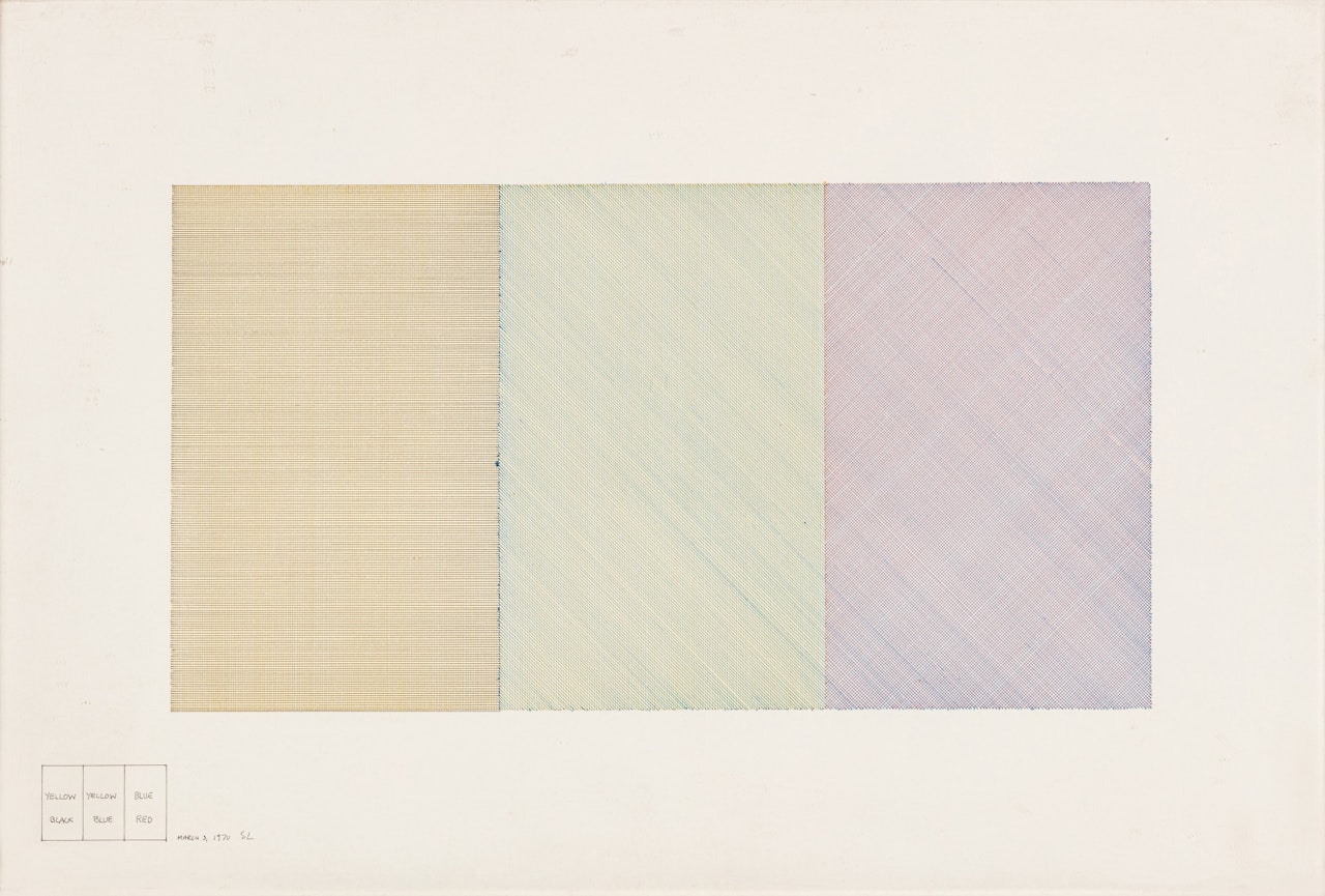 Three part drawing with two colors in each part by Sol LeWitt