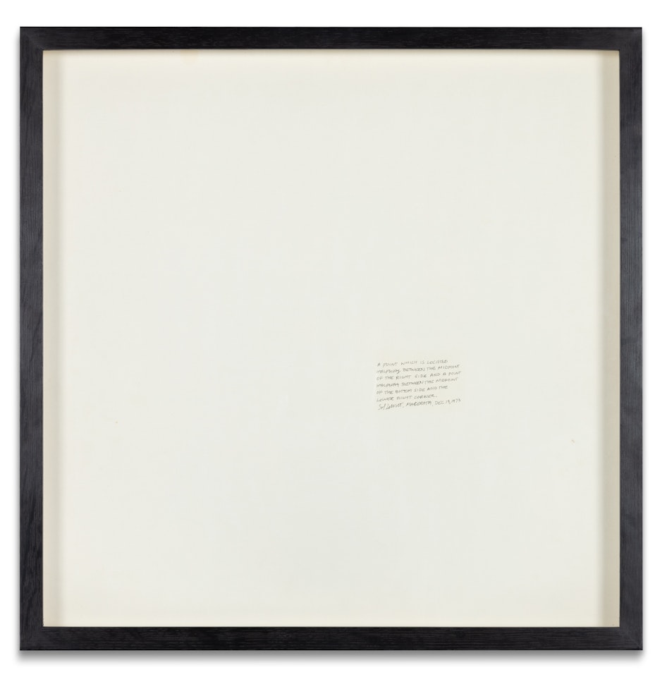 A point which is located halfway between the midpoint of the right side and a point halfway between the midpoint of the bottom side at the lower right corner (double-sided) by Sol LeWitt