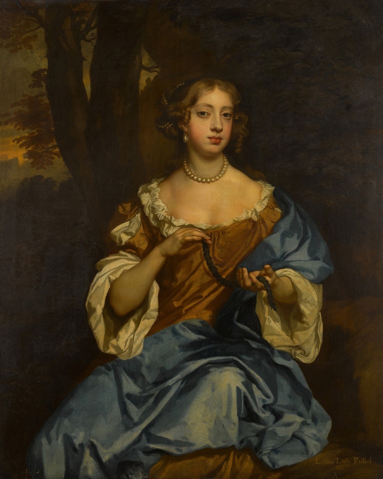 Portrait of Letitia, later Lady Russell (c. 1645–1721), three-quarter-length, seated in a landscape, wearing a brown dress and a blue cloak, holding a garland of leaves by Sir Peter Lely