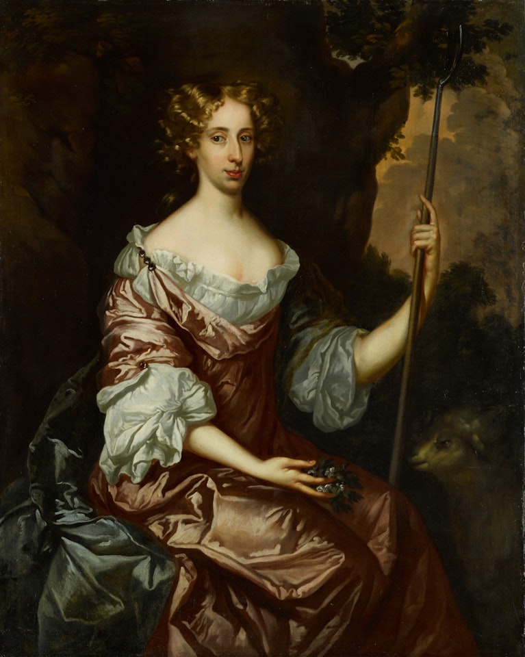 Portrait of a lady, three-quarter-length, wearing a pink silk dress and blue wrap, holding an houette and a garland of flowers, seated in a landscape with a lamb by Sir Peter Lely