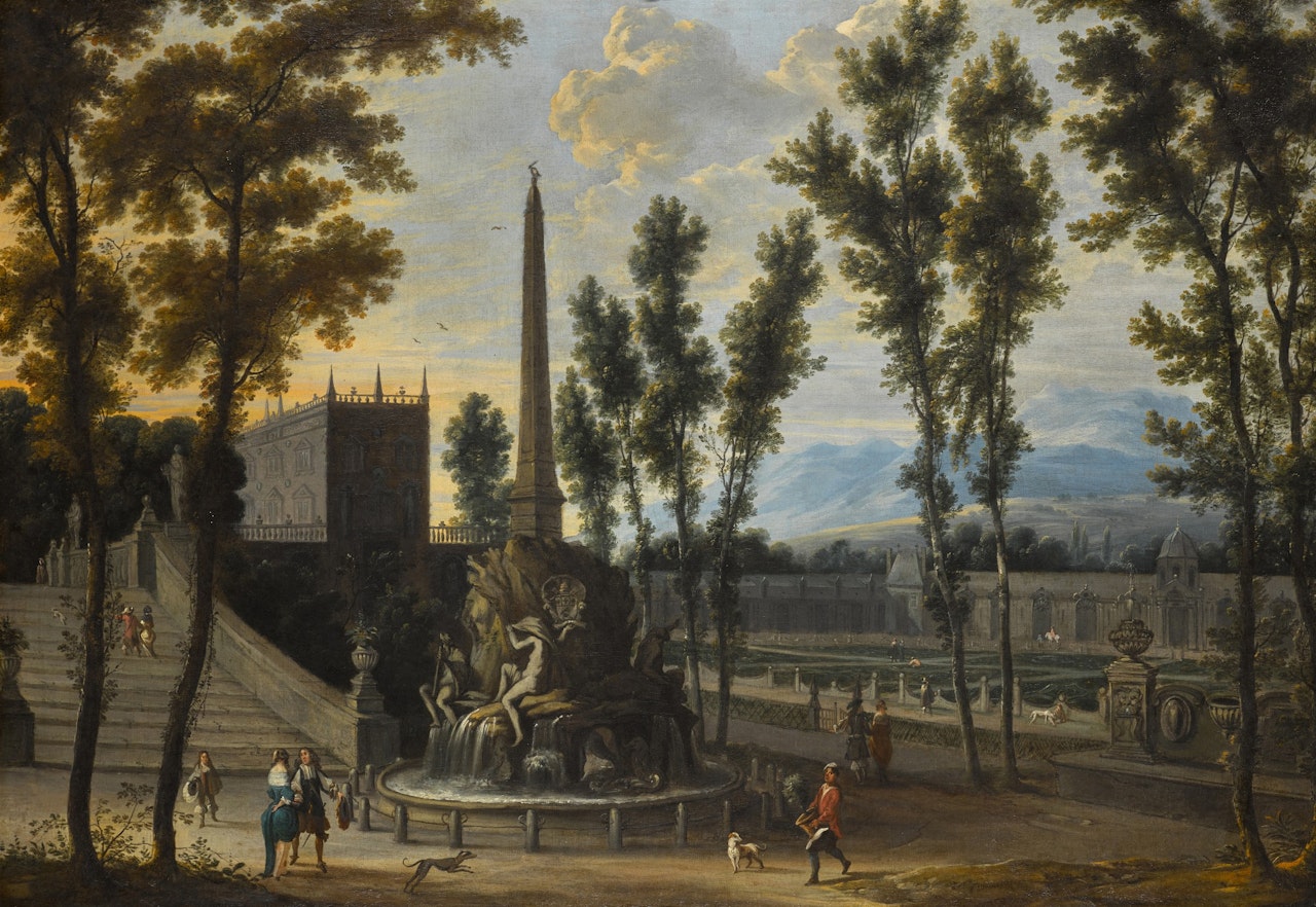A capriccio of an Italianate palatial garden with figures by Gian Lorenzo Bernini's fountain of The Four Rivers by Isaac de Moucheron