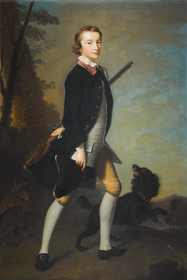 Portrait of Henry Hunter with a spaniel, full-length, standing in a landscape holding a flint-lock and his tricorn by Thomas Hudson