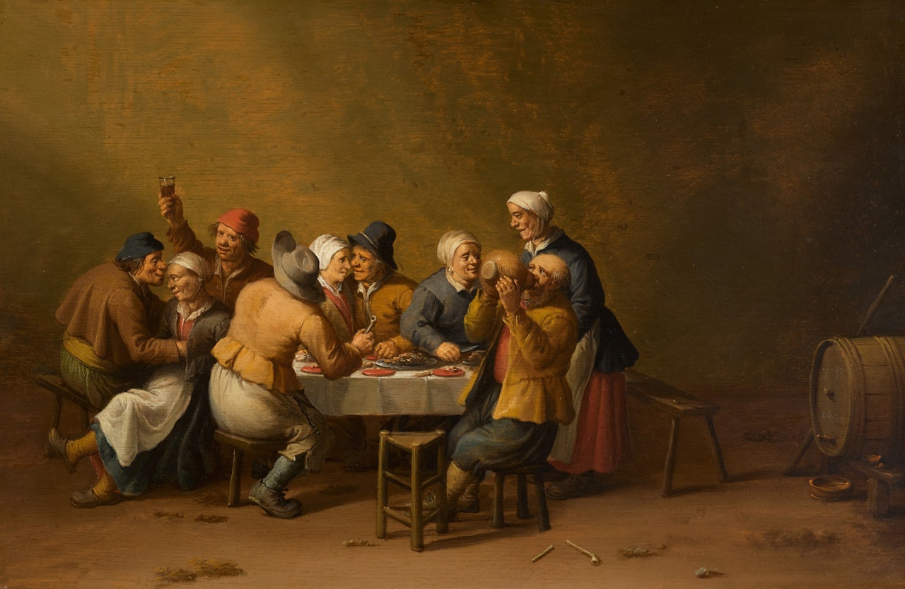 Interior with merry peasants around a table by Joost Cornelisz Droochsloot