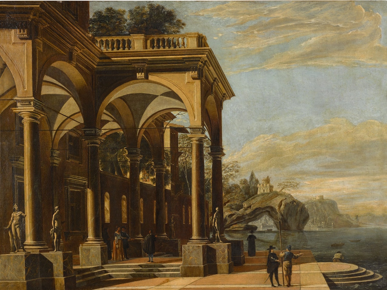 An architectural capriccio with figures by a colonnaded portico, a castle on a sea arch and coastal village beyond by Viviano Codazzi
