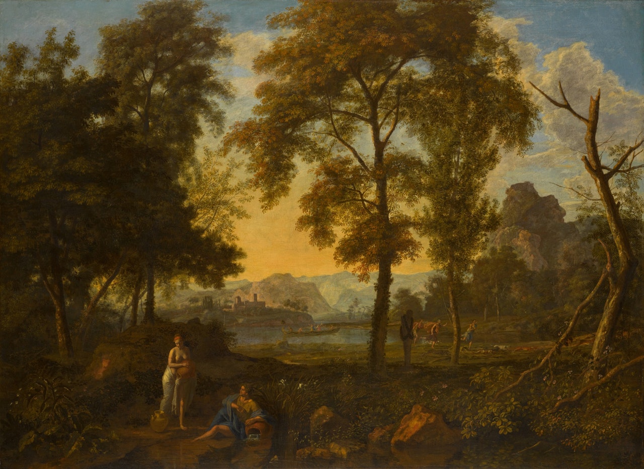 A classical landscape with figures resting by a pool, hunting, and carousing in a boat on a lake, a herm in the centre by Roman School