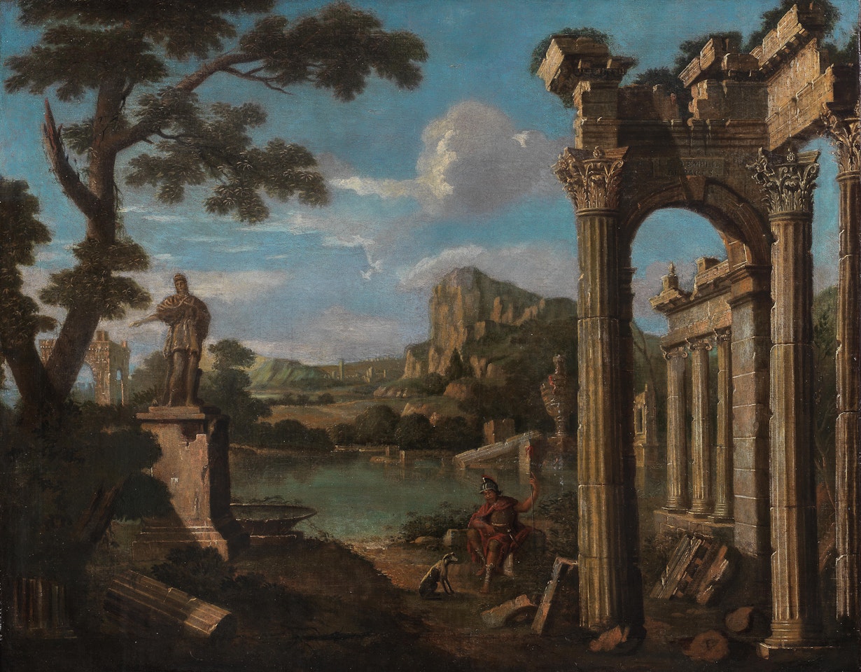 A capriccio of Roman ruins with a soldier in the foreground by Roman School