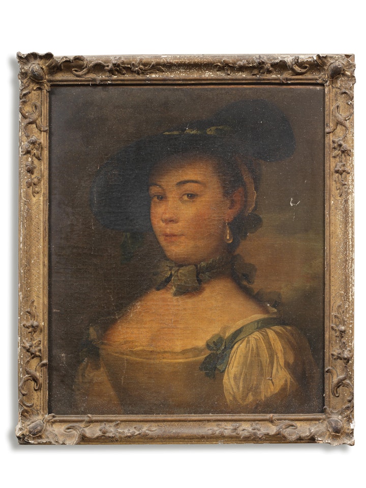 Portrait of a young lady, bust length, in a wide-brimmed straw hat; and Portrait of a young lady, bust-length, in a white dress and blue hat (2) by German School