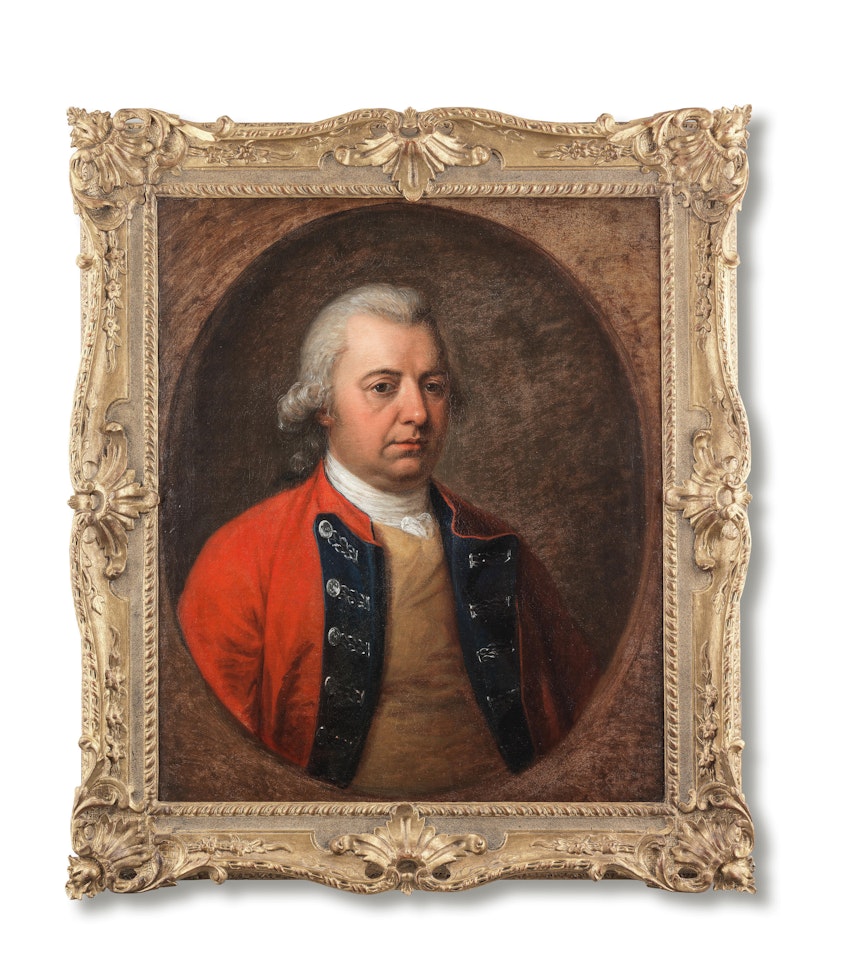 Portrait of General James Masterson MP., bust-length, in a red coat and buff waistcoat, within a painted oval by Angelica Kauffmann