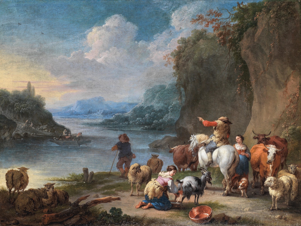 Drovers and their herd resting beside a river by Pieter Bout