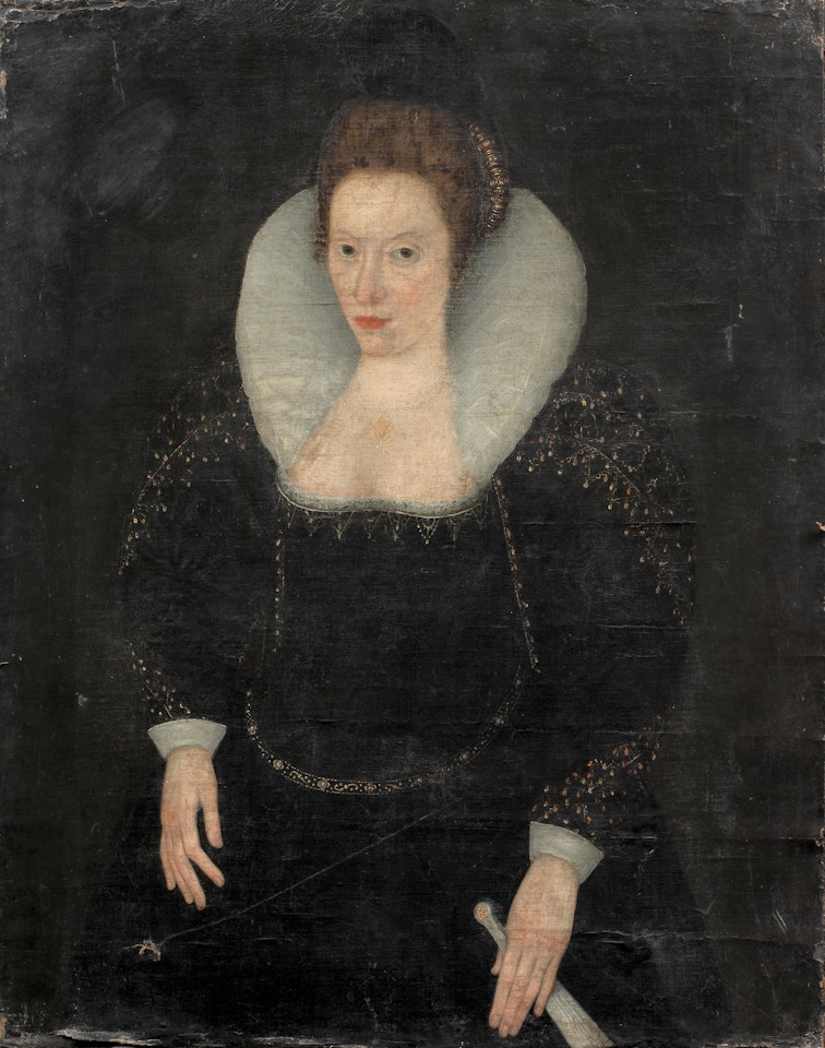 Portrait of a lady, three-quarter length, in a black dress, a white ruff and holding a fan unframed by English School