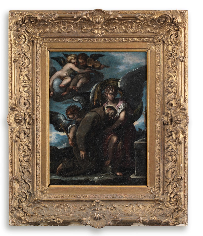 Saint Francis of Assisi held by angels by Venetian School