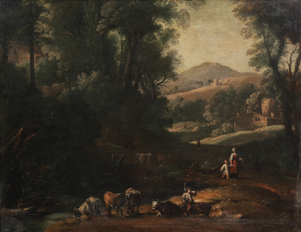 An extensive wooded landscape with animals at a stream by Italian School