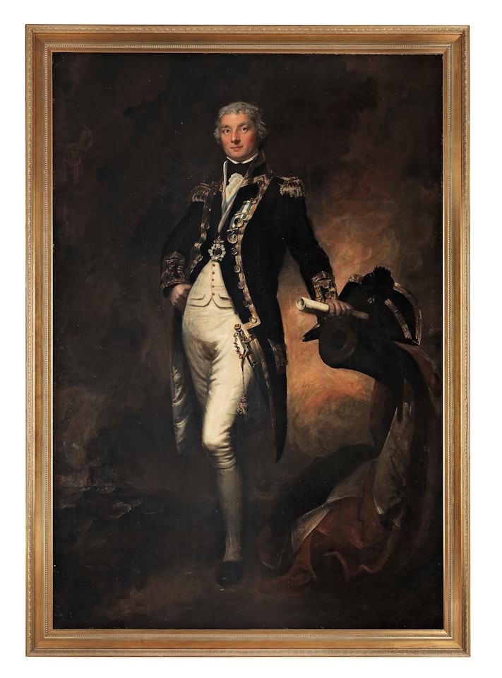 Portrait of a naval officer, full-length, in uniform, his arm resting on a canon by English School