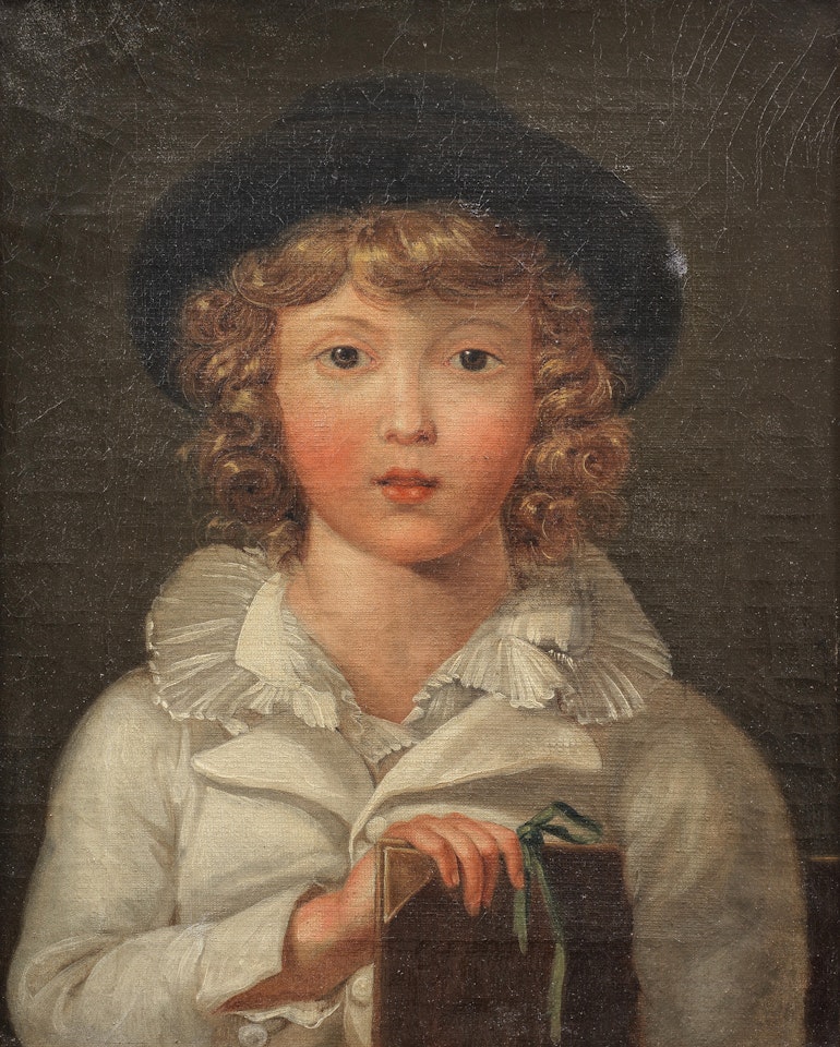 Portrait of a boy, half-length, in white holding a book by German School