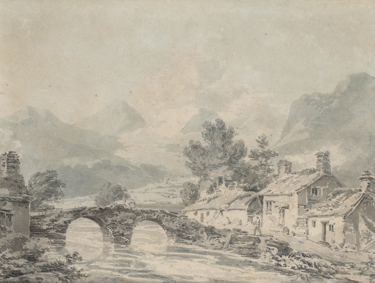 A mountainous river landscape with a village by a bridge by Joseph Mallord William Turner