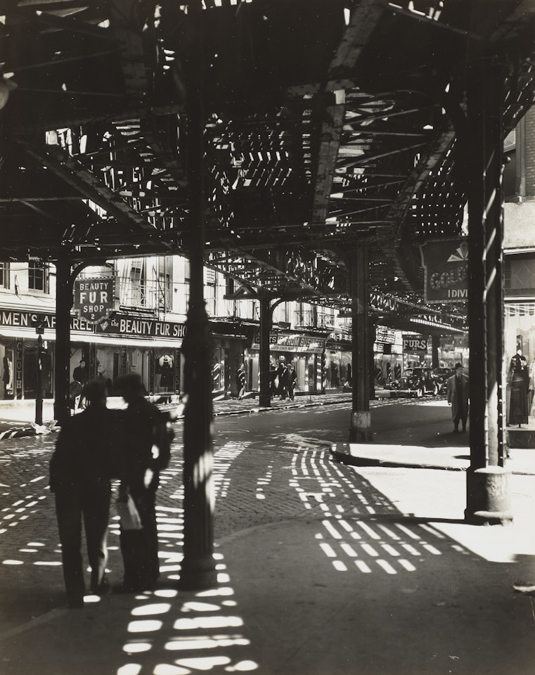 "El: Second and Third Avenue Lines Bowery and Division Street, Manhattan, 1936 by Berenice Abbott