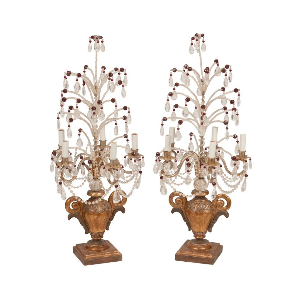 A PAIR OF BAROQUE STYLE ROCK CRYSTAL, GLASS, AND GILTWOOD FIVE-LIGHT GIRANDOLES by Unknown (Baroque style)