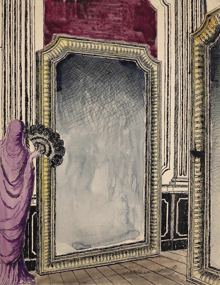 Détail de décor, miroir pour '''Adame Miroir'' by Paul Delvaux