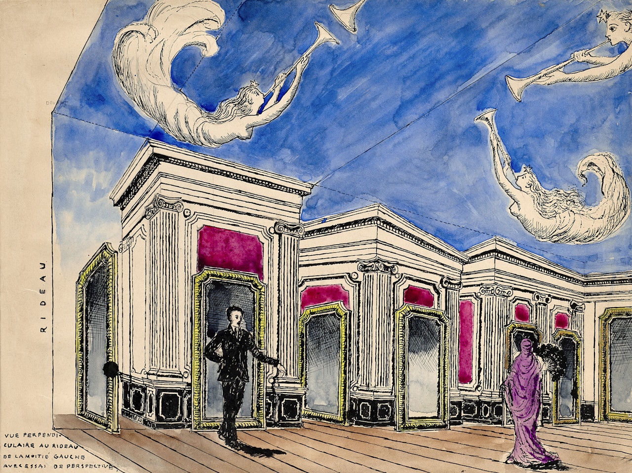 Dessin préparatoire pour le décor d'"Adame Miroir" by Paul Delvaux