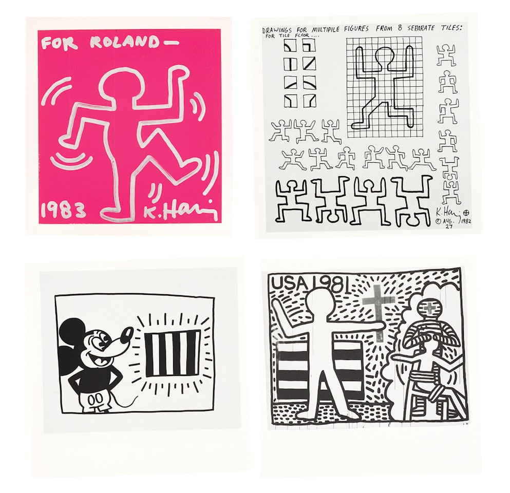 Dessin accompagné de trois reproductions noir et blanc by Keith Haring