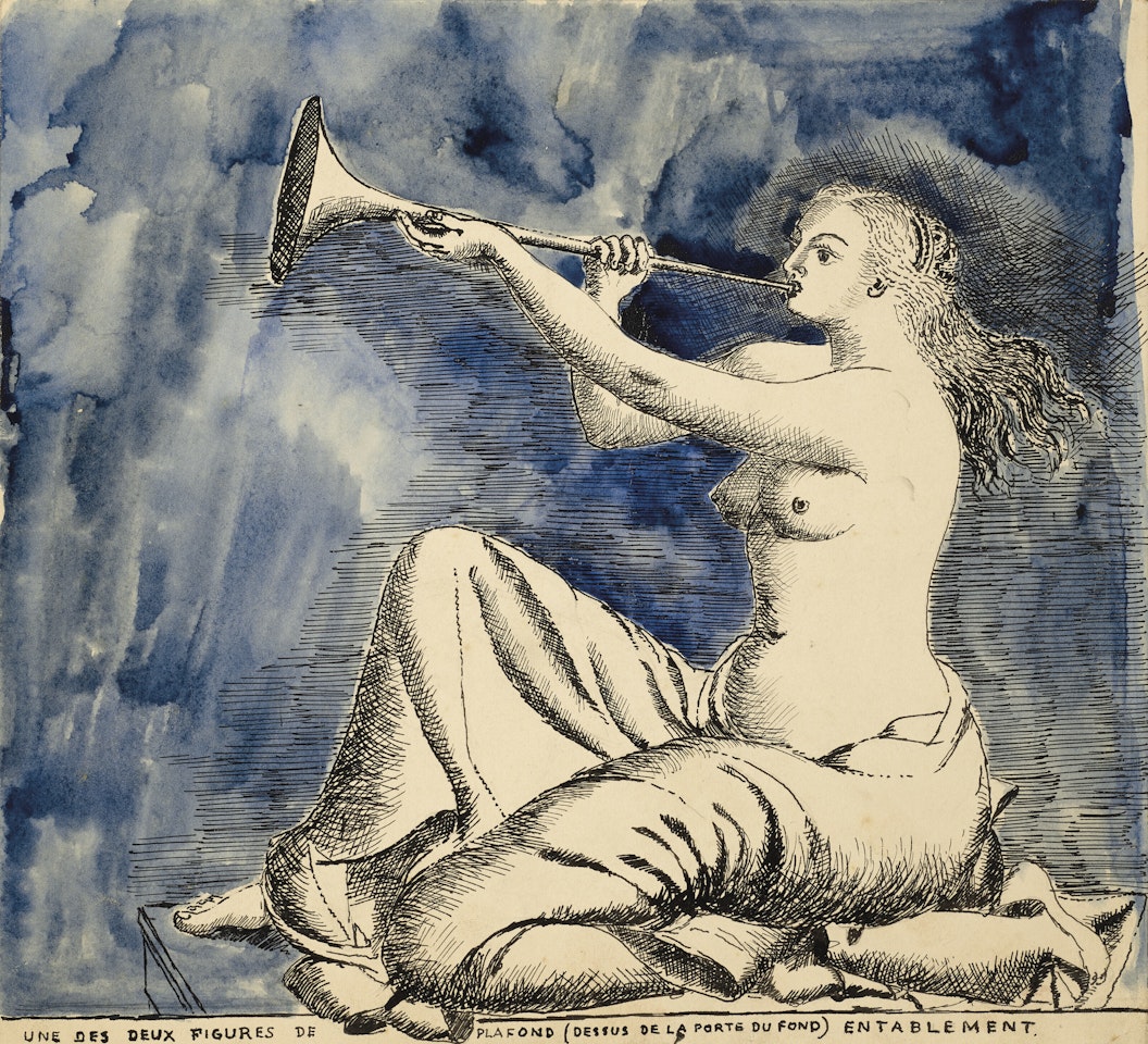 Une des deux figures de plafond (dessus de la porte du fond) entablement, décor pour '''Adame Miroir' by Paul Delvaux