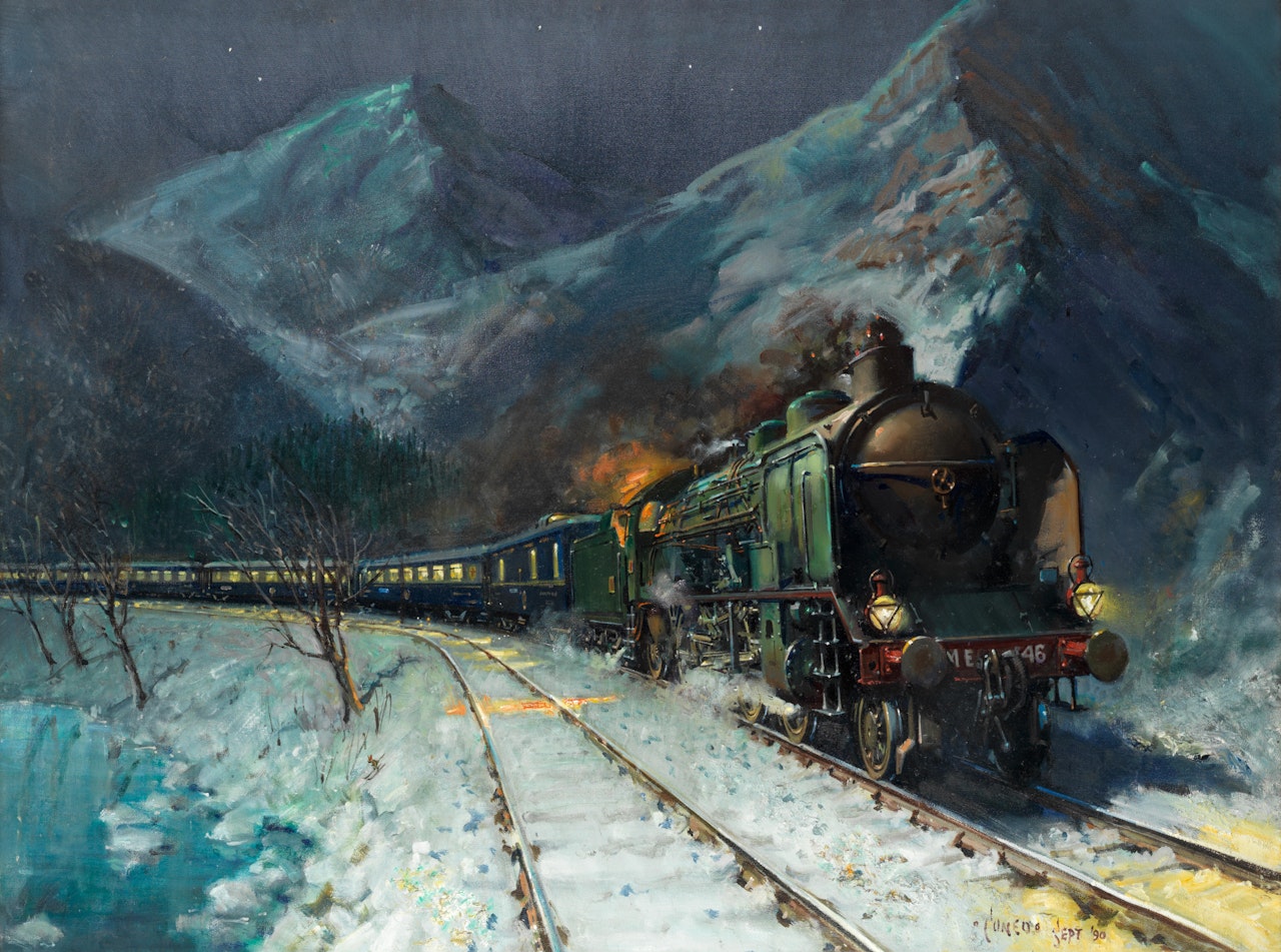 Simplon-Orient-Express, s - Approaching the Swiss Border on the Dijon-Valorbe Line by Terence Cuneo