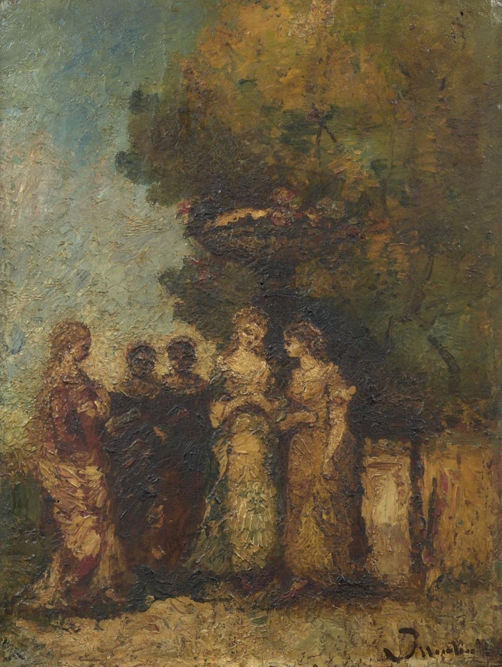 Cinq jeunes femmes dans un jardin devant une fontaine by Adolphe Monticelli