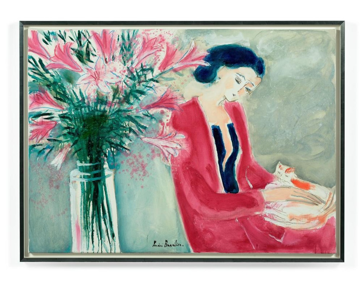 Femme à la lecture, au chat et au vase de fleurs by André Brasilier