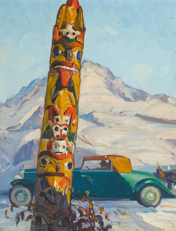Totem Pole and Rolls Royce 22 x 17 in. framed 25 x 19 in. by Maurice Logan