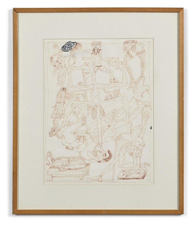 Hector Dublédor soldat parachutiste se prend les couilles et les dimanches pour faire de l'art en groupe. Il vient de se fabriquer en sculpture avec une pléiade de badots dont un frisé qui fait le pilier (et qui est pédé) by Robert Combas