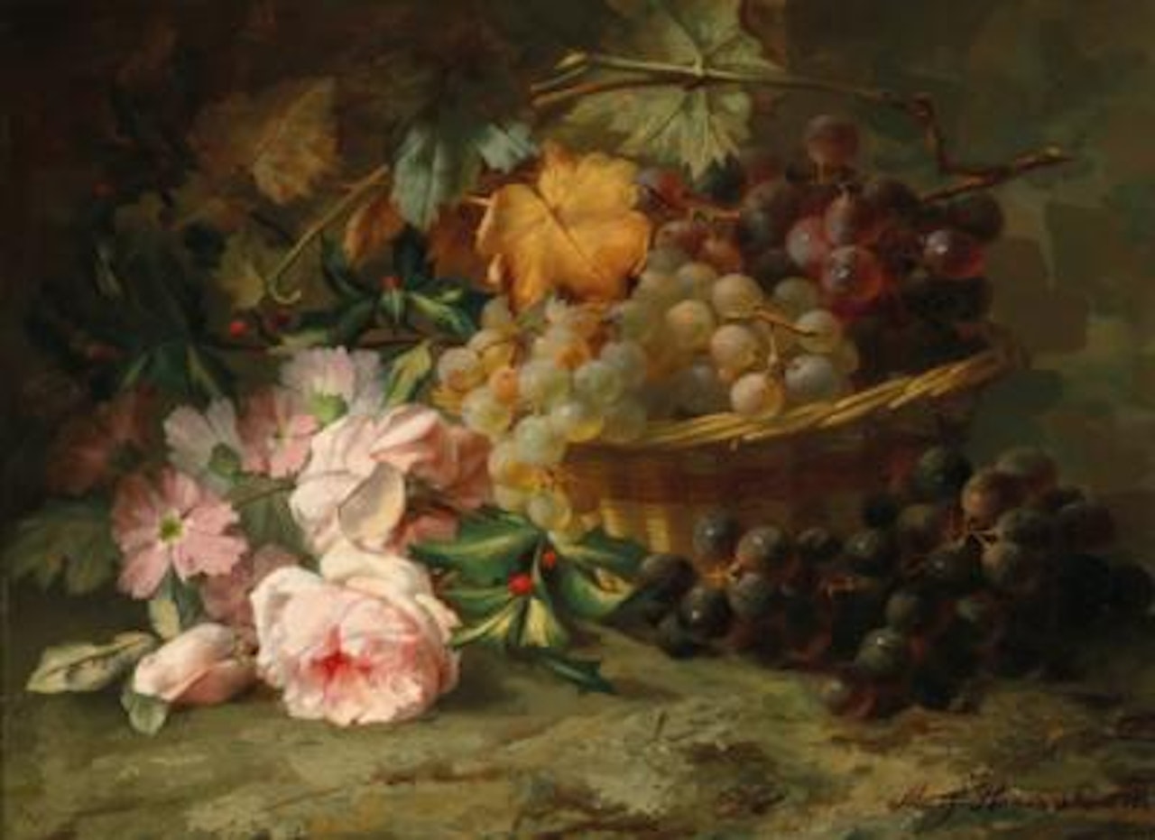 Still Life with Roses and Grapes by Margaretha Roosenboom