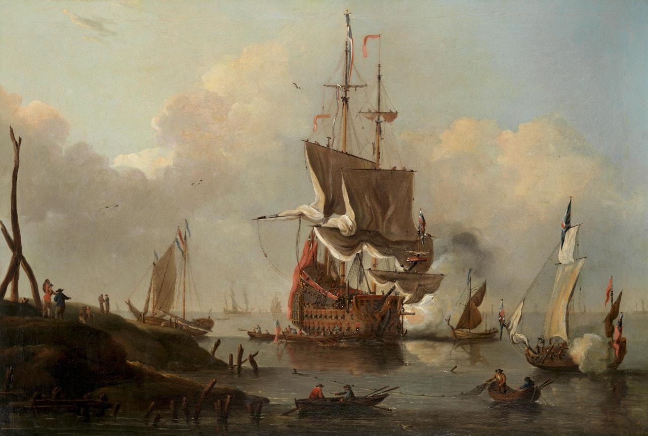 The venerable HMS Eagle making ready to sail from her offshore anchorage, probably at the Nore by Peter Monamy