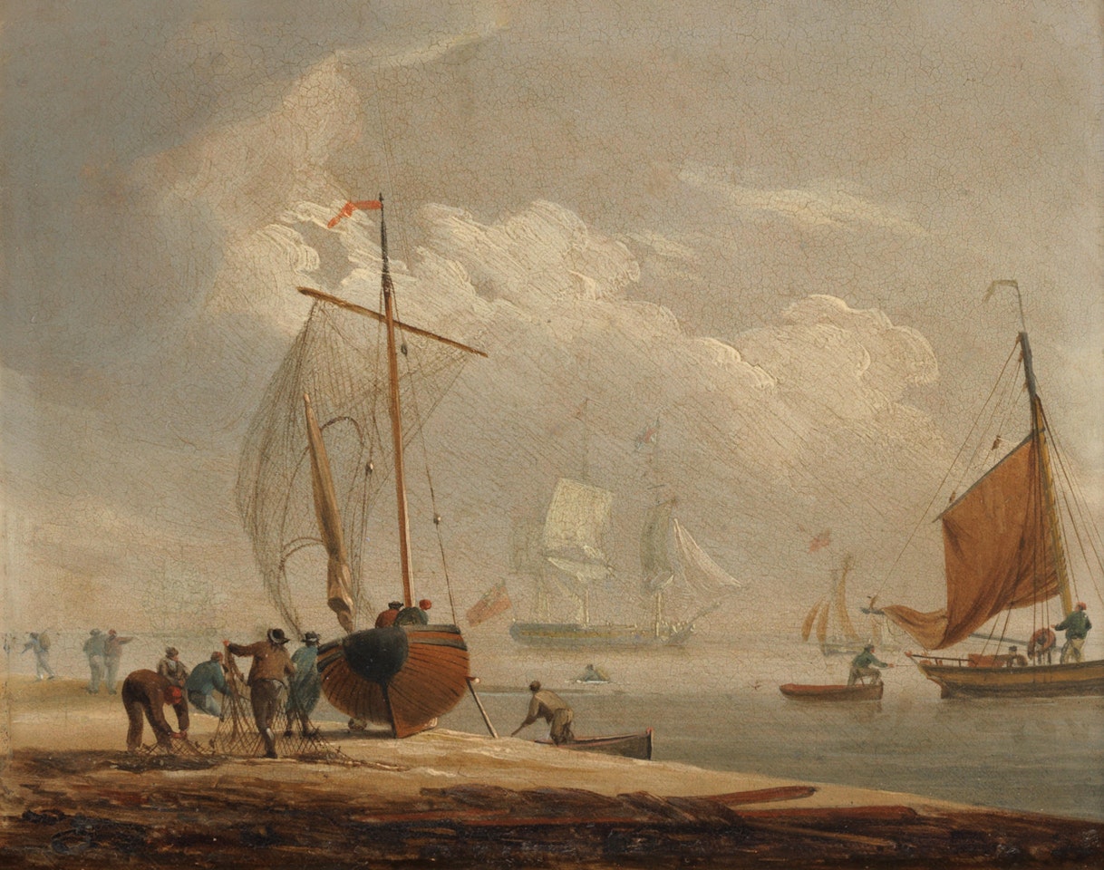 Fishermen mending nets beside a beached boat by Francis Swaine