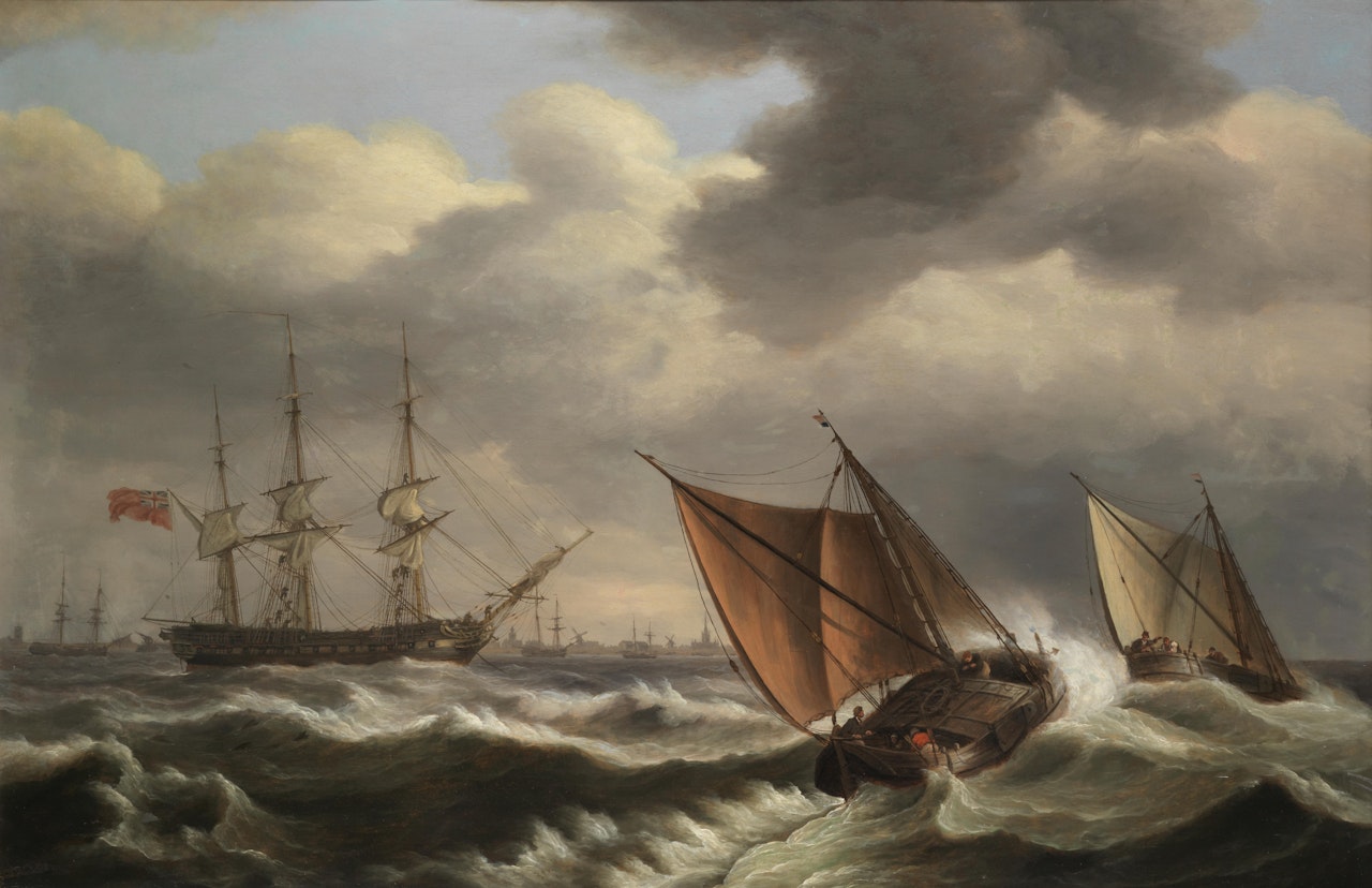 An English frigate and two Dutch barges caught in heavy seas off the coast by Thomas Luny