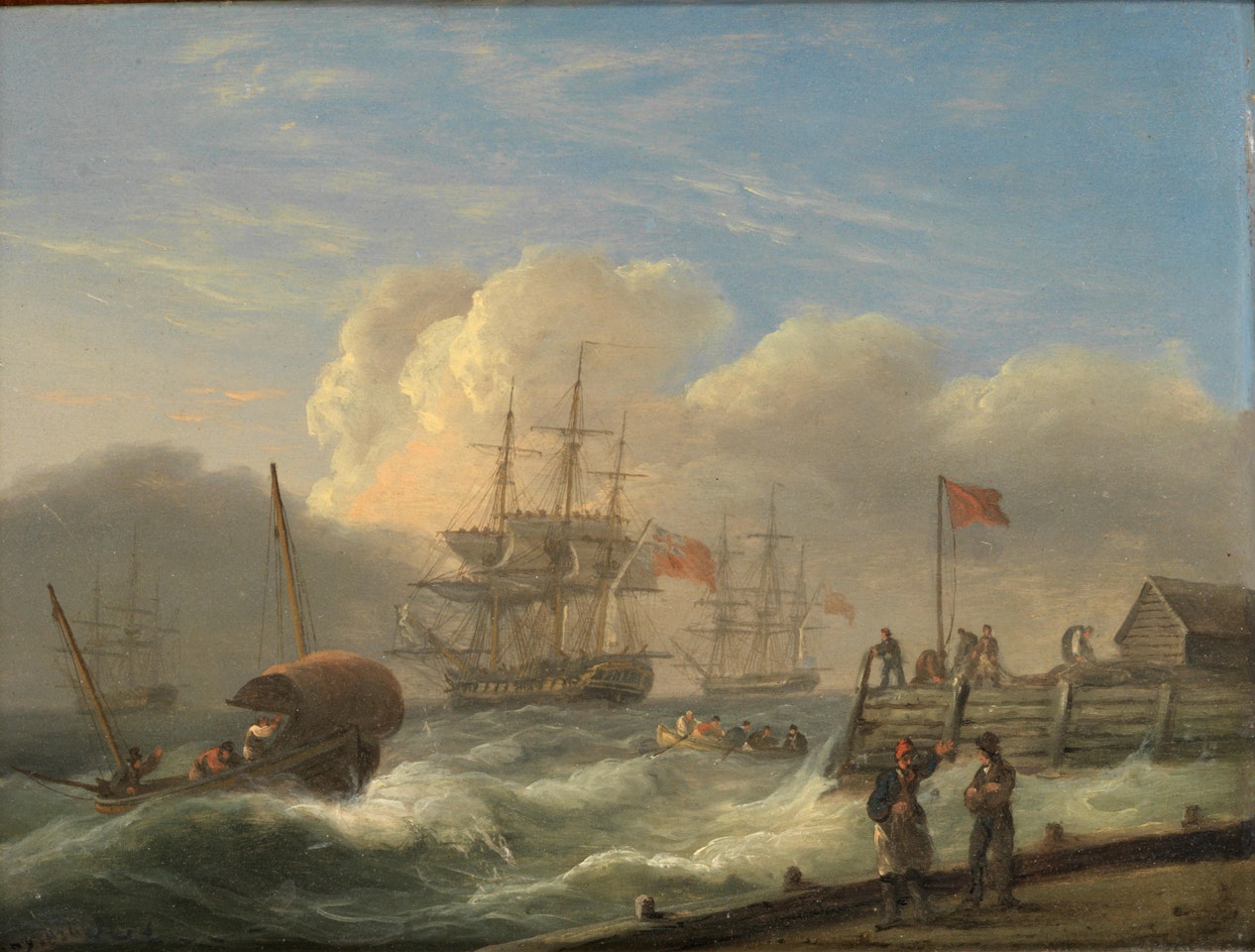 A naval frigate struggling to get underway in a high wind, with similar activity nearby ahead of the approaching squall by Thomas Luny