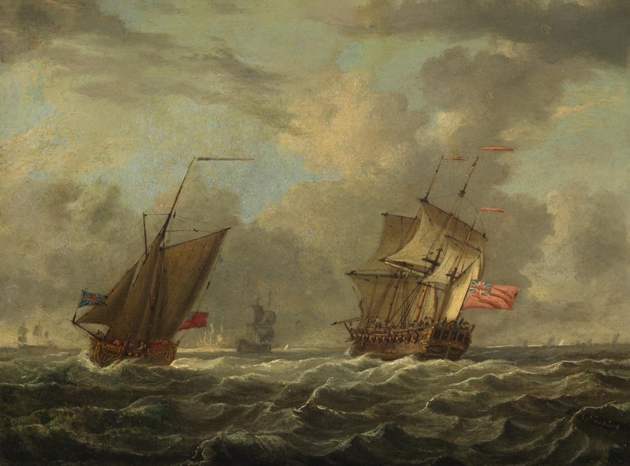 An English man-of-war and other shipping in choppy waters by Francis Swaine