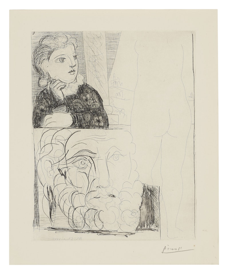 Femme accoudée, sculpture de dos et tête barbue, from La Suite Vollard by Pablo Picasso