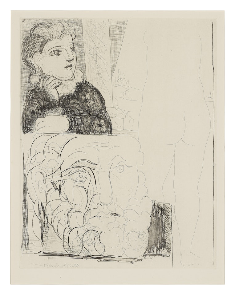 Femme accoudée, sculpture de dos et tête barbue, from La Suite Vollard by Pablo Picasso