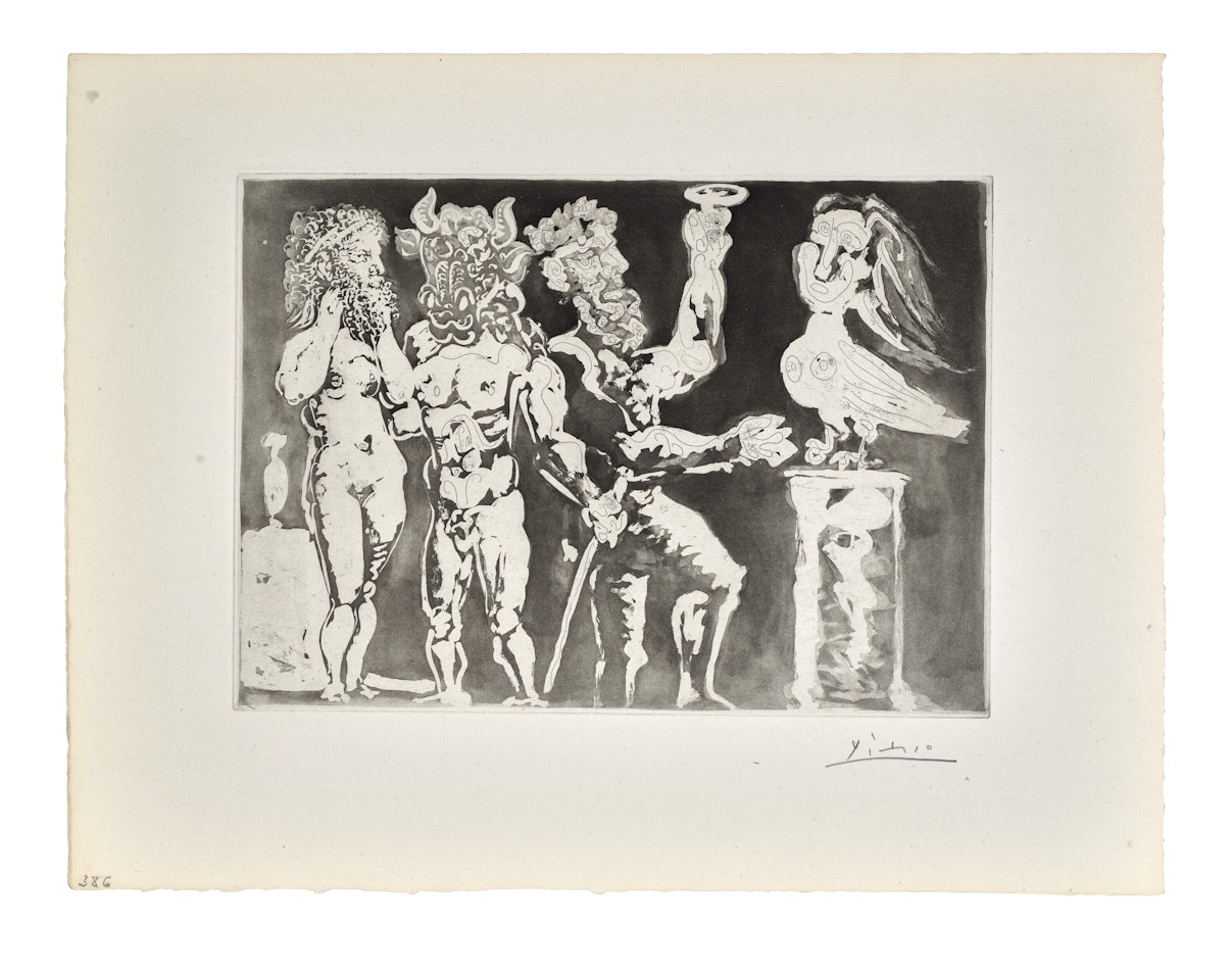 Personnages masqués et femme oiseau, from La Suite Vollard by Pablo Picasso