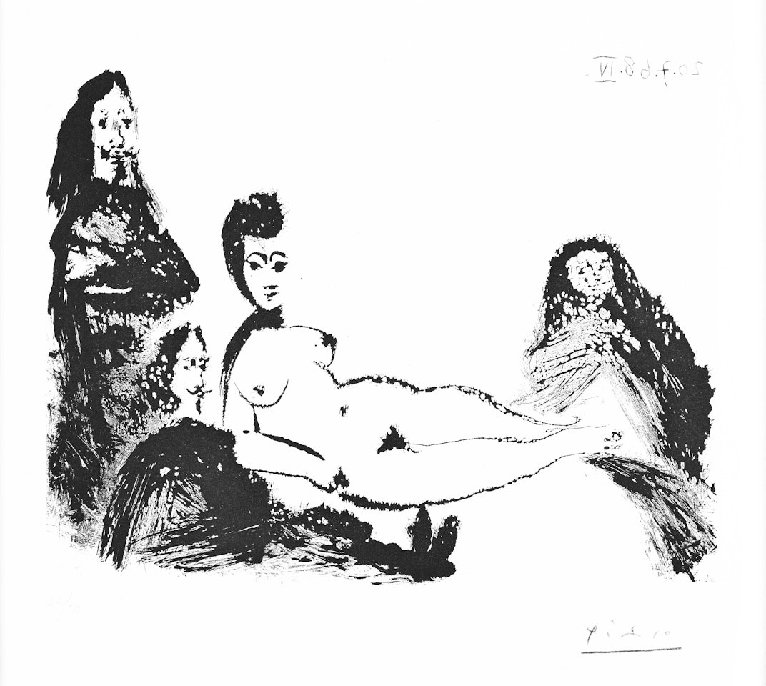 Jacqueline, en maja Nue, avec la Célestine et deux mousquetaires, from Série 347 by Pablo Picasso