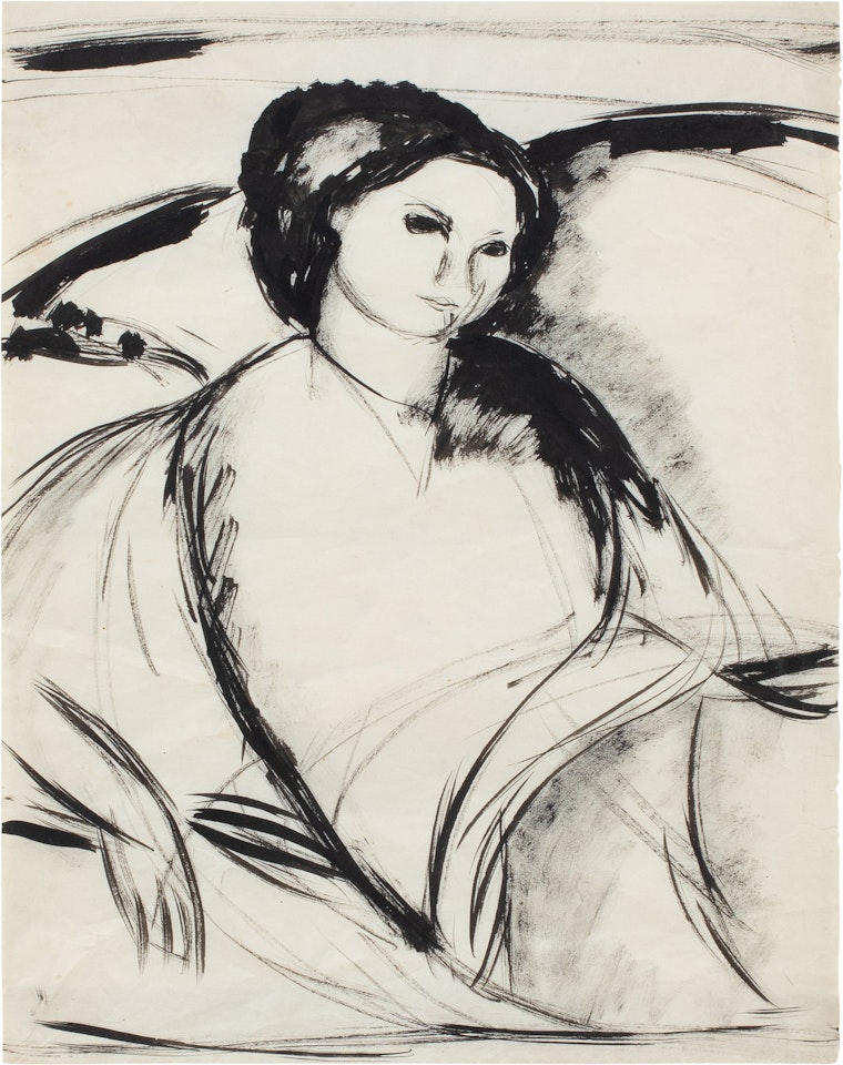 Femme assise sur un lit de trois quarts vers la droite, accoudée sur le bras droit by Amedeo Modigliani
