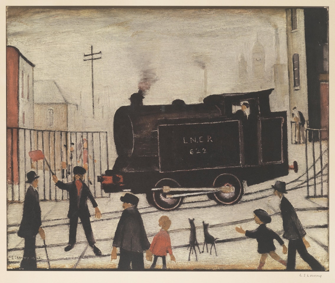 Level Crossing with Train Offset lithograph printed in colours, , on wove, signed in pencil, from an edition of 750, published by Patrick Seale Prints, London, 460 x 560mm (18 1/8 x 22in)(I) by Laurence Stephen Lowry