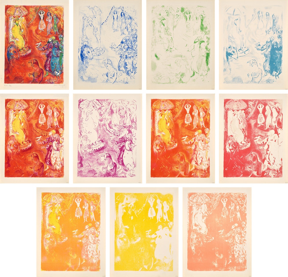 Now the King loved science and geometry and one festival day as he sat on his kingly throne there came in to him three wise men...: plate 10, from Four Tales from the Arabian Nights: 11 plates (M. 45, see C. bks 18) by Marc Chagall