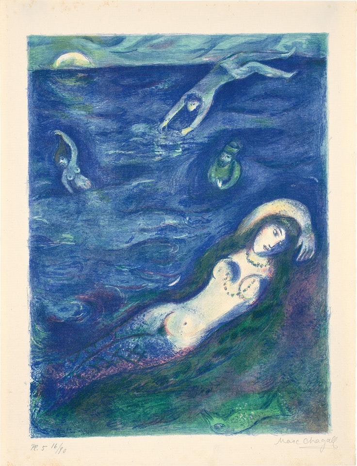 So I came forth of the Sea and sat down on the edge of an island in the moonshine...: plate 5, from Four Tales from the Arabian Nights (M. 40, see C. bks 18) by Marc Chagall