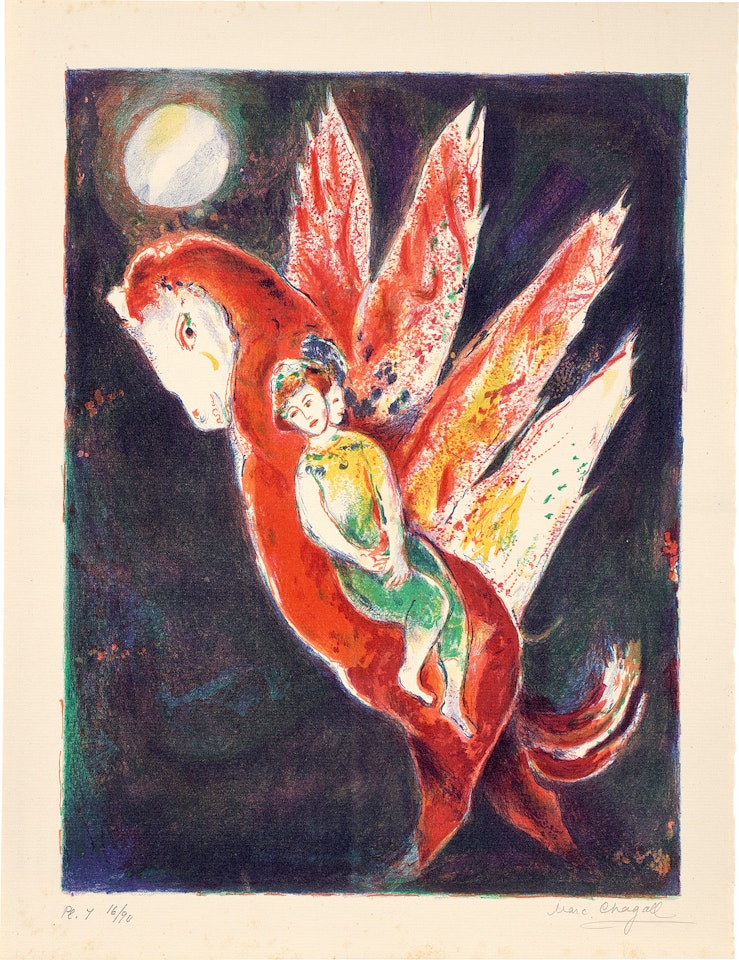 Then the old woman mounted on the Ifrit’s back, taking her daughter behind her, and the Ifrit flew off with them...: plate 7, from Four Tales from the Arabian Nights (M. 42, see C. bks 18) by Marc Chagall