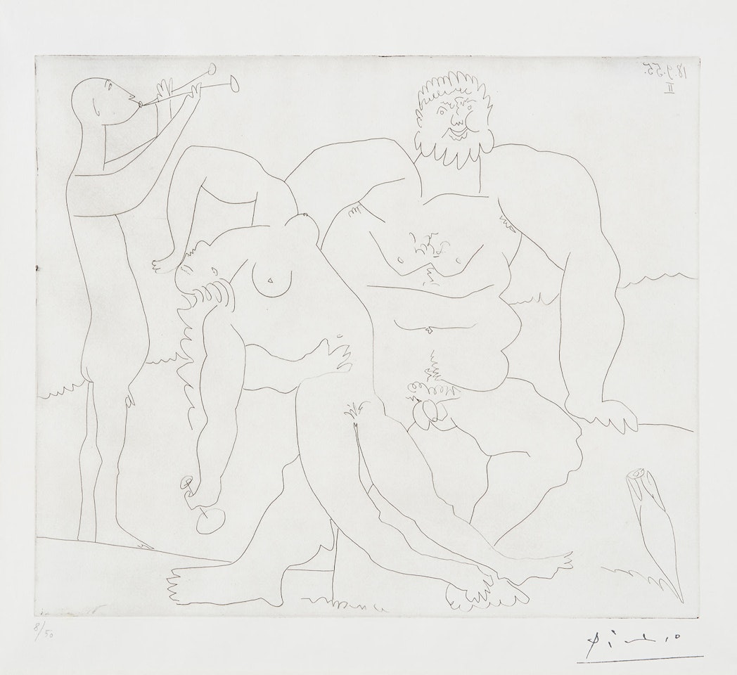 Homme nu avec femme ivre et jeune flûtiste (Naked Man with a Drunk Woman and Young Flautist) (B. 773, Ba. 949) by Pablo Picasso