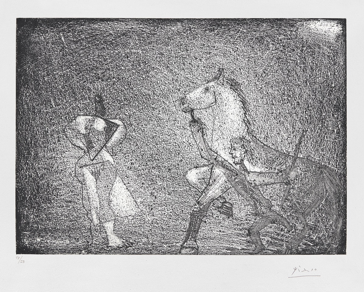 Homme arrêtant un cheval devant une femme (Man Stopping a Horse in Front of a Woman), plate 57 from 347 Series (B. 1537, Ba. 1553) by Pablo Picasso