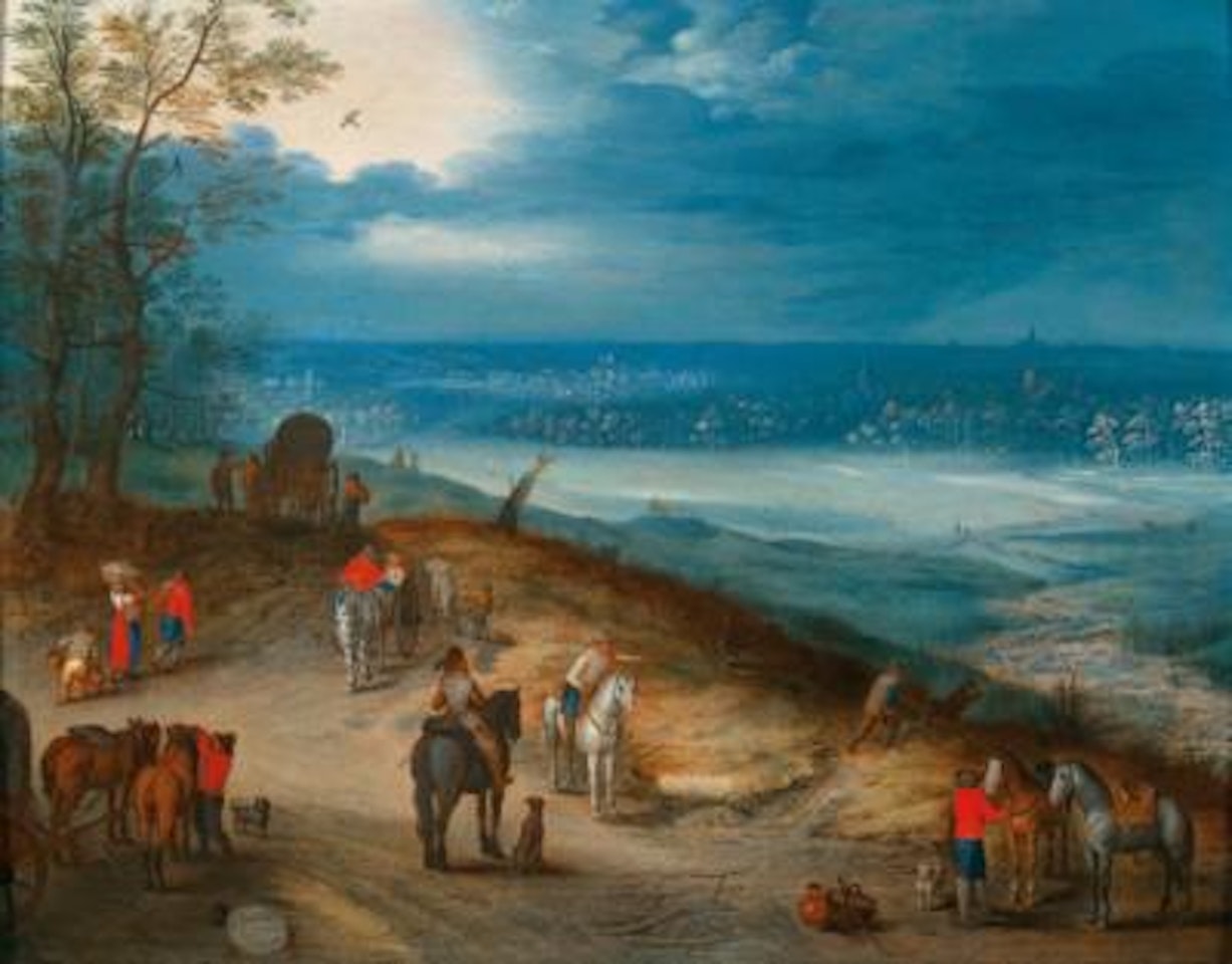 Peasants on a track with travellers on horseback in an extensive landscape by Jan Brueghel the Younger